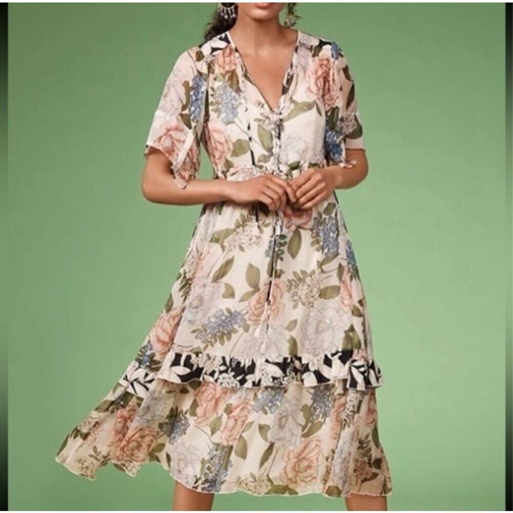 Jade Johnny Was Marion Silk Floral Tiered Maxi Dress sz XS NWOT ( it popped off)